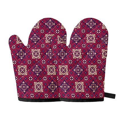 Red Boho Flower Pattern Print Oven Mitts