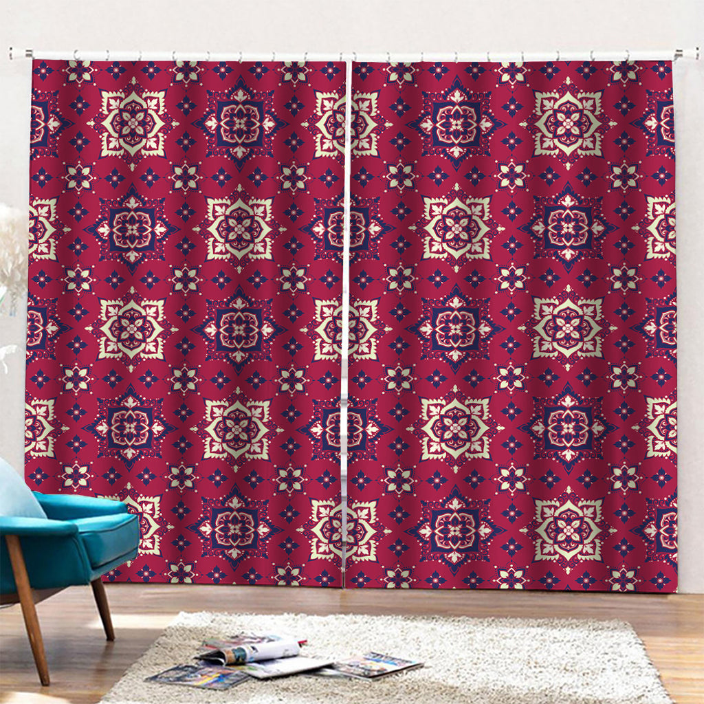 Red Boho Flower Pattern Print Pencil Pleat Curtains
