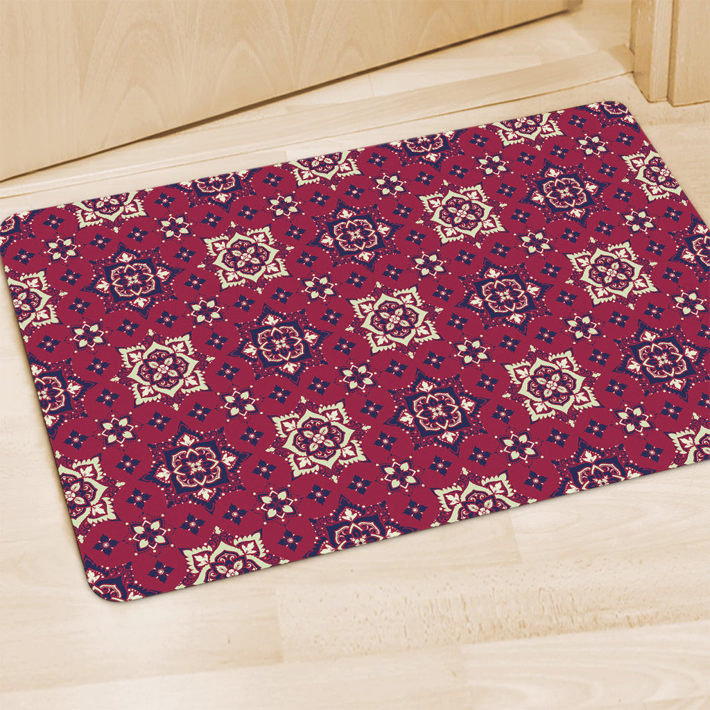 Red Boho Flower Pattern Print Polyester Doormat