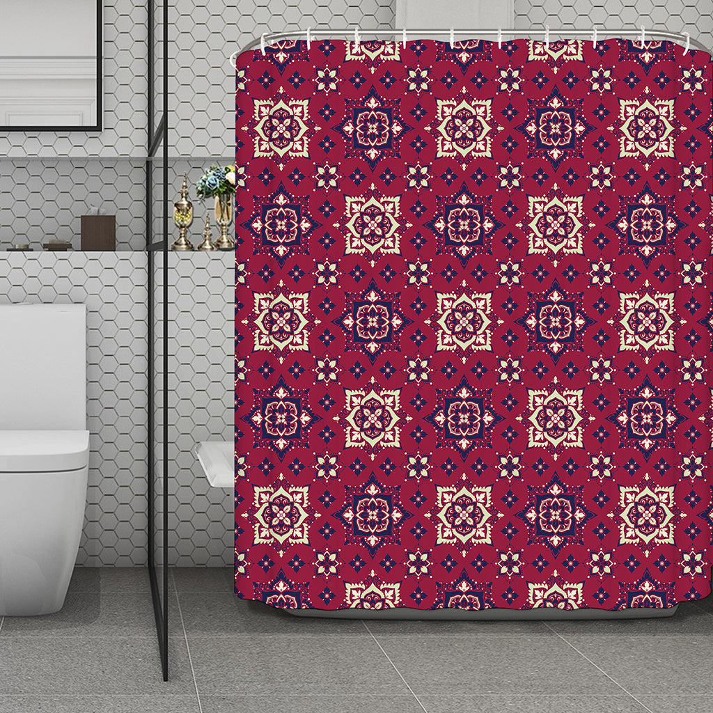 Red Boho Flower Pattern Print Polyester Shower Curtain