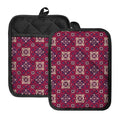 Red Boho Flower Pattern Print Pot Holders With Pocket