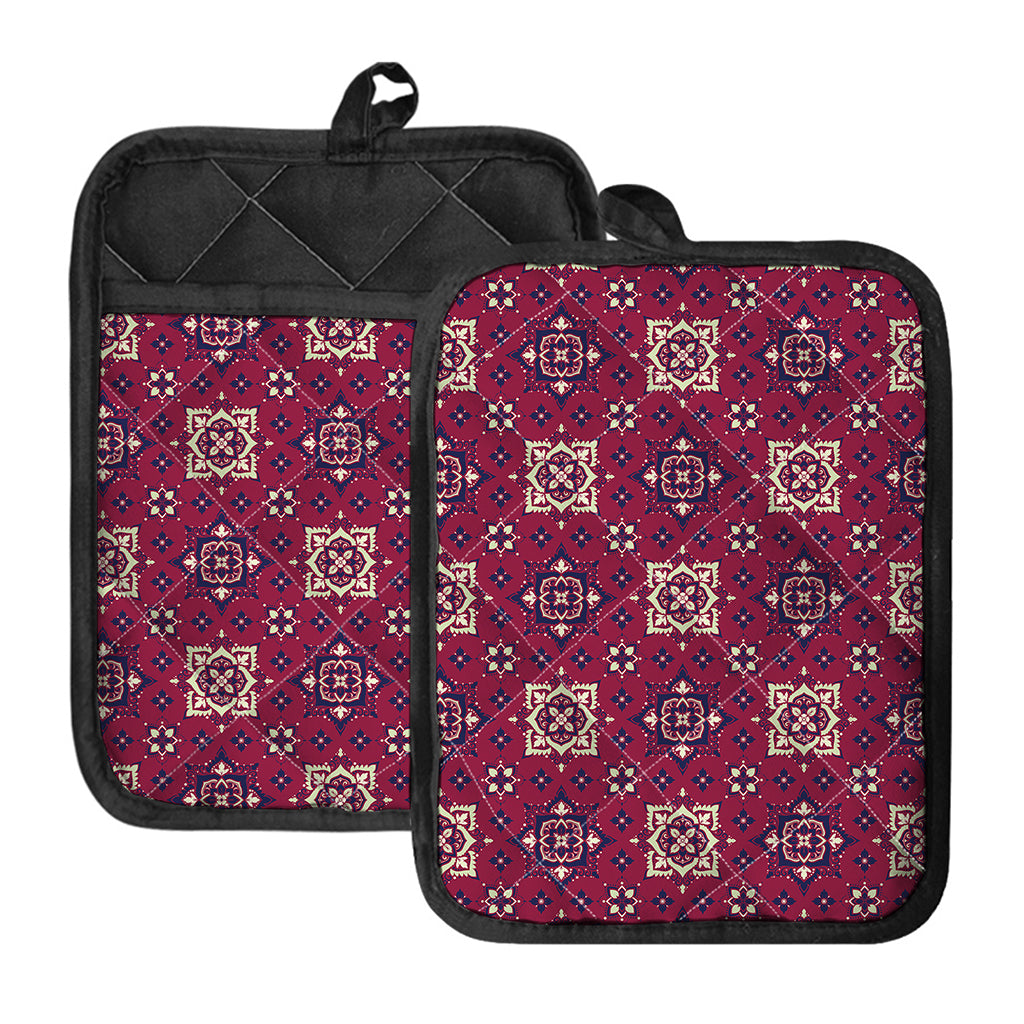 Red Boho Flower Pattern Print Pot Holders With Pocket