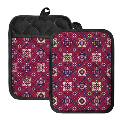 Red Boho Flower Pattern Print Pot Holders With Pocket