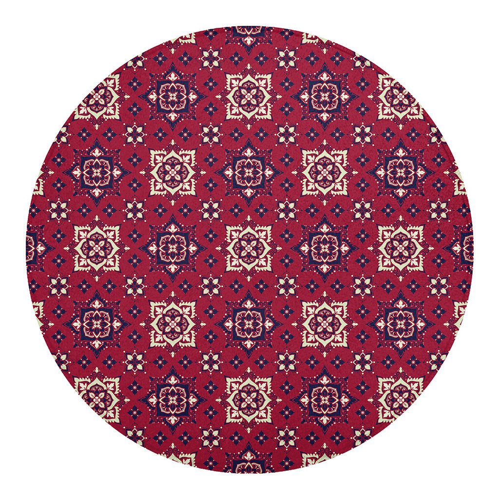 Red Boho Flower Pattern Print Round Blanket