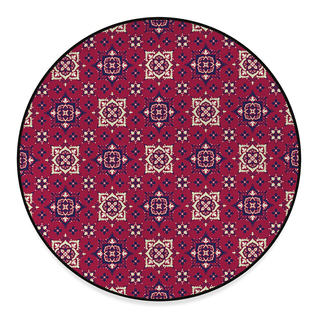 Red Boho Flower Pattern Print Round Floor Mat