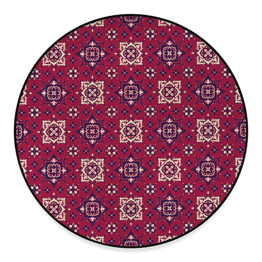 Red Boho Flower Pattern Print Round Floor Mat