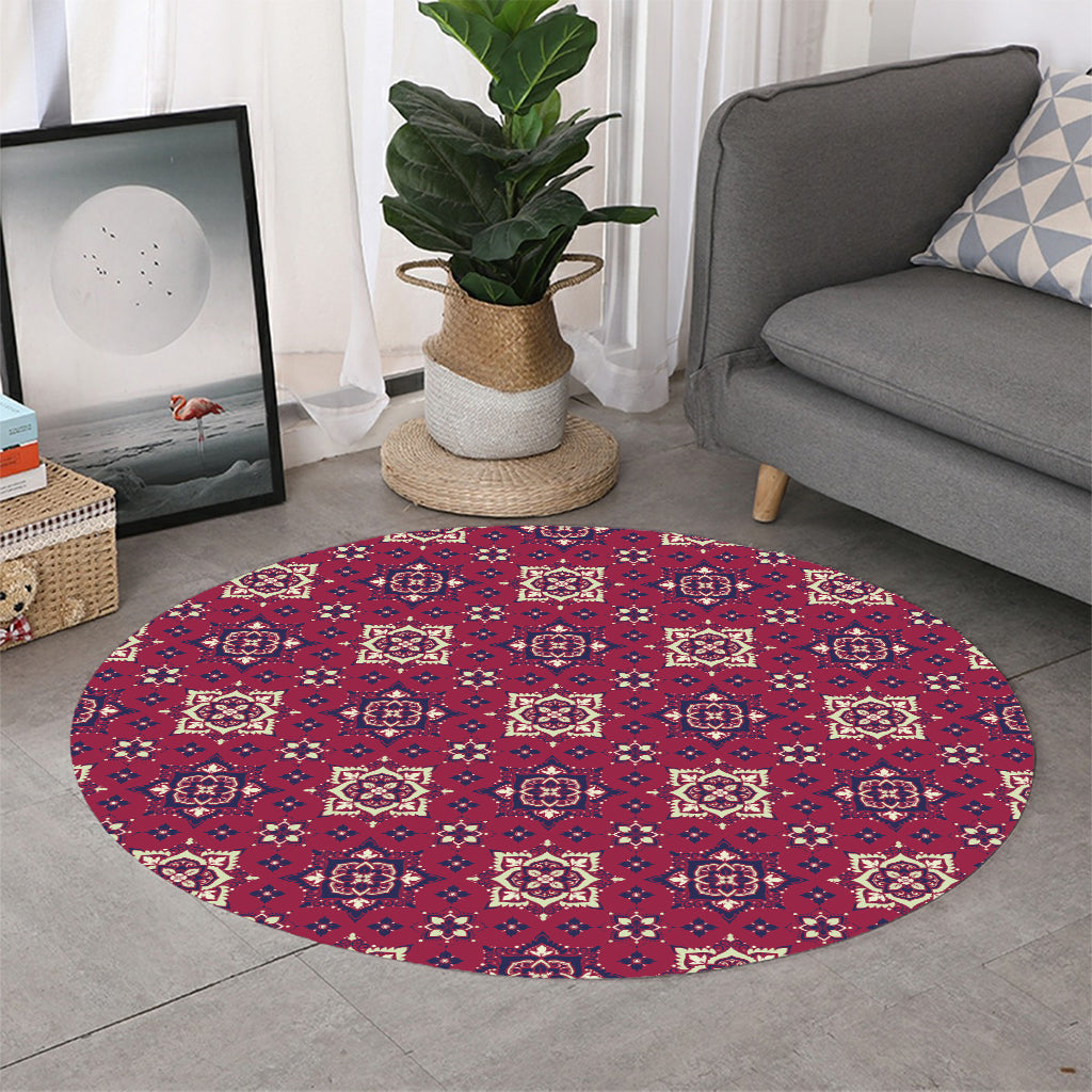 Red Boho Flower Pattern Print Round Rug
