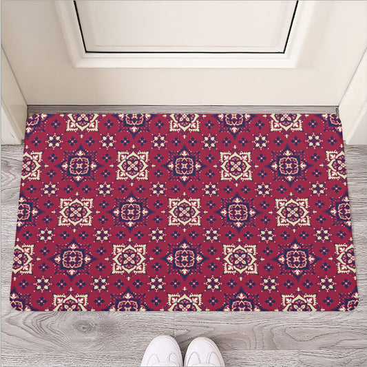 Red Boho Flower Pattern Print Rubber Doormat