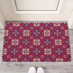 Red Boho Flower Pattern Print Rubber Doormat