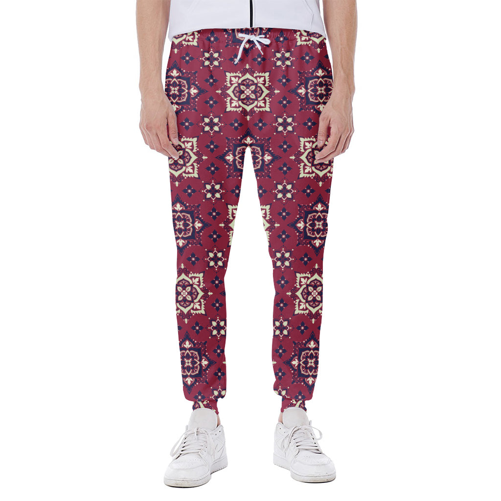 Red Boho Flower Pattern Print Scuba Joggers