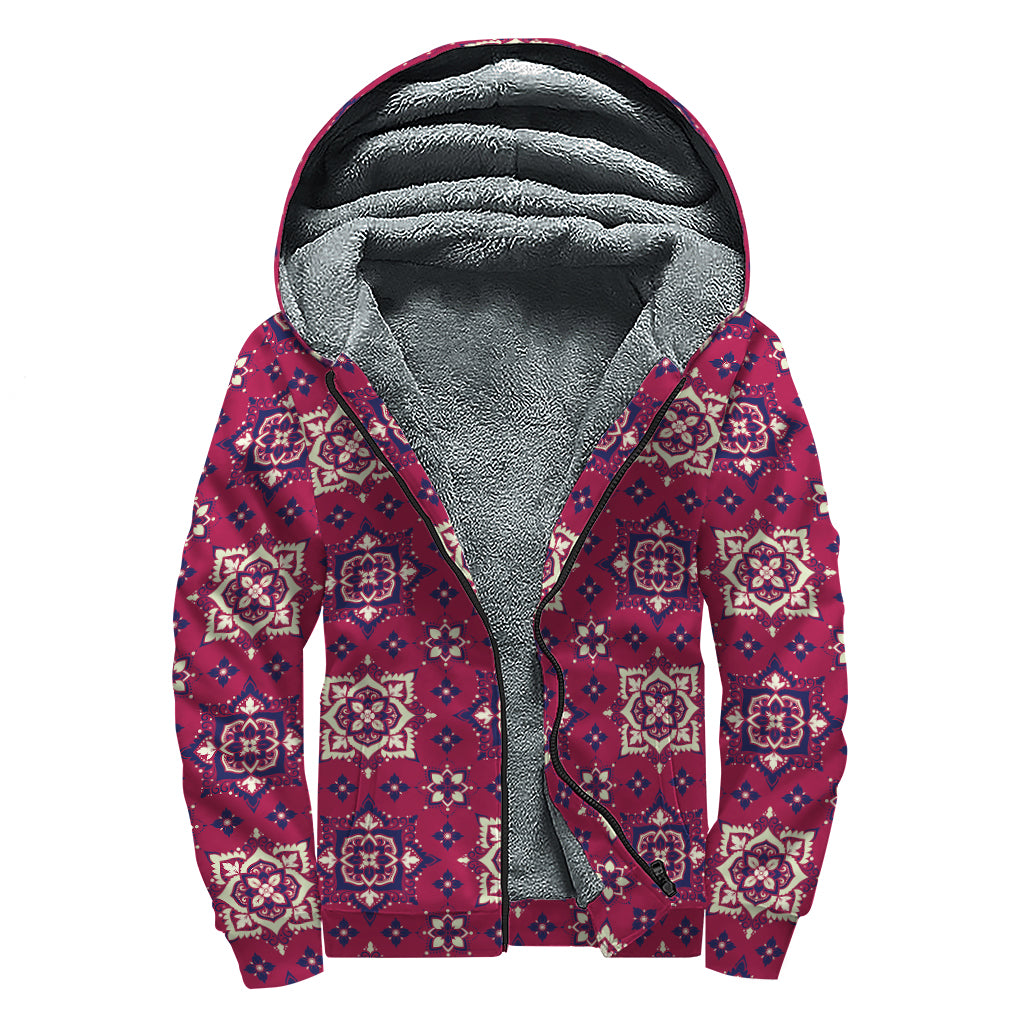 Red Boho Flower Pattern Print Sherpa Lined Zip Up Hoodie