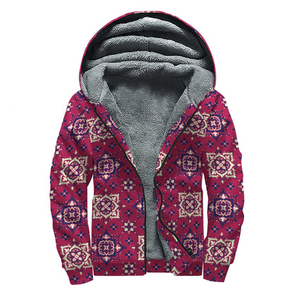 Red Boho Flower Pattern Print Sherpa Lined Zip Up Hoodie