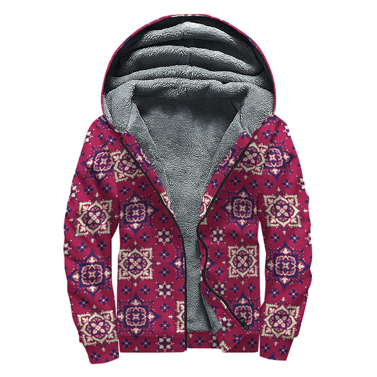 Red Boho Flower Pattern Print Sherpa Lined Zip Up Hoodie