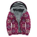 Red Boho Flower Pattern Print Sherpa Lined Zip Up Hoodie