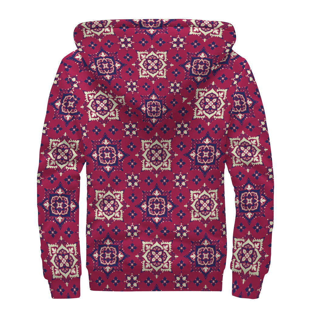 Red Boho Flower Pattern Print Sherpa Lined Zip Up Hoodie