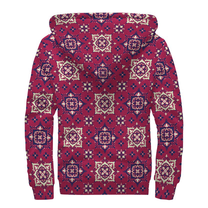 Red Boho Flower Pattern Print Sherpa Lined Zip Up Hoodie