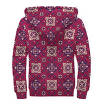 Red Boho Flower Pattern Print Sherpa Lined Zip Up Hoodie
