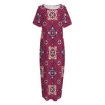 Red Boho Flower Pattern Print Short Sleeve Long Nightdress