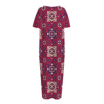 Red Boho Flower Pattern Print Short Sleeve Long Nightdress