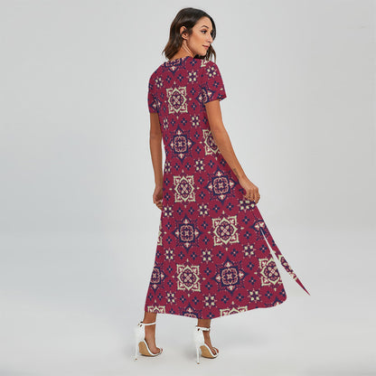 Red Boho Flower Pattern Print Short Sleeve Maxi Dress