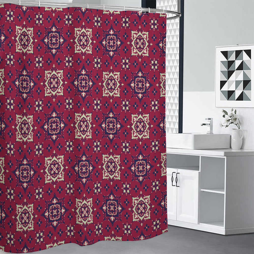 Red Boho Flower Pattern Print Shower Curtain