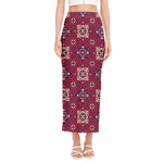 Red Boho Flower Pattern Print Side Slit Maxi Skirt
