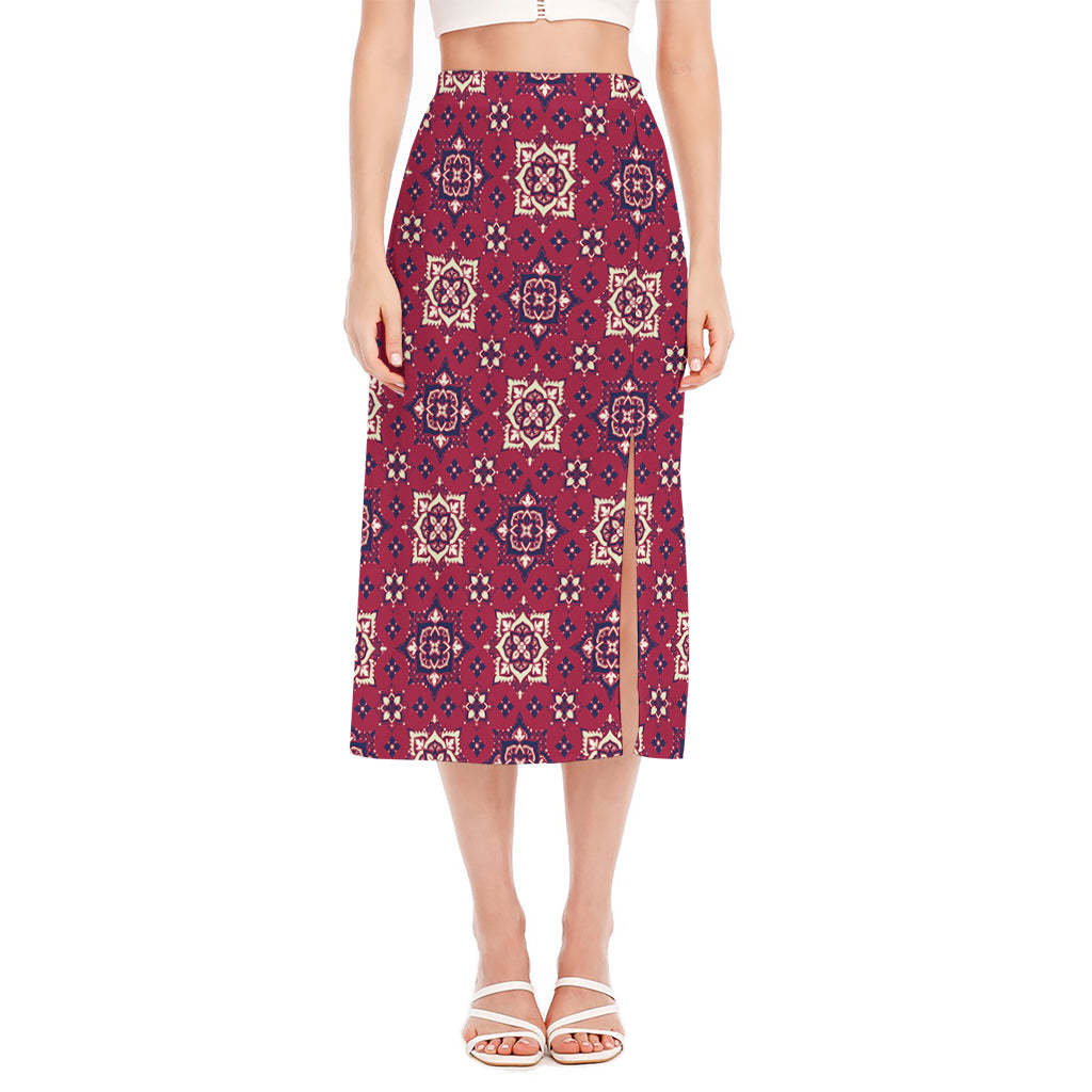 Red Boho Flower Pattern Print Side Slit Midi Skirt