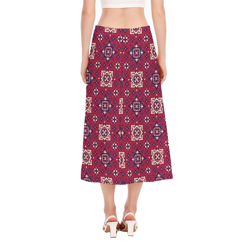 Red Boho Flower Pattern Print Side Slit Midi Skirt