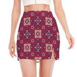 Red Boho Flower Pattern Print Side Slit Mini Skirt