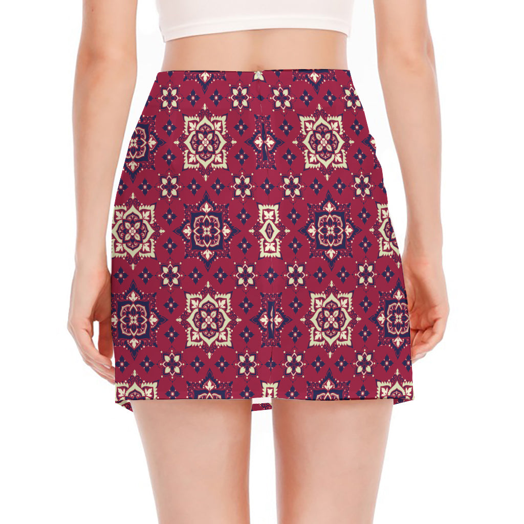Red Boho Flower Pattern Print Side Slit Mini Skirt