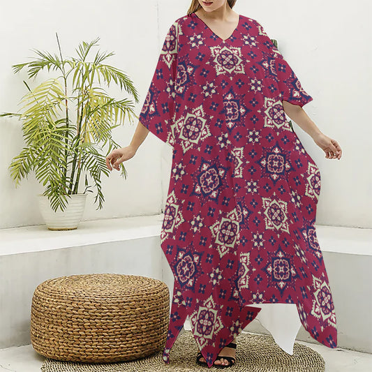 Red Boho Flower Pattern Print Silk V-Neck Kaftan Dress
