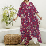 Red Boho Flower Pattern Print Silk V-Neck Kaftan Dress