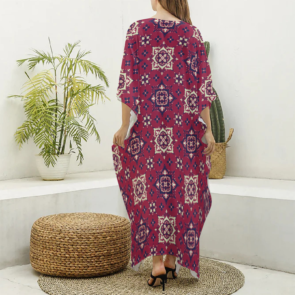 Red Boho Flower Pattern Print Silk V-Neck Kaftan Dress