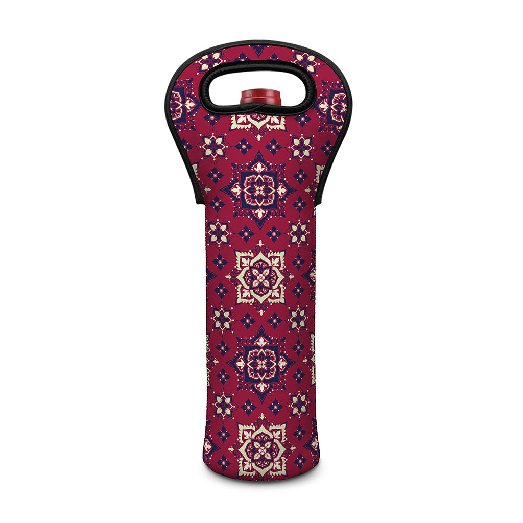 Red Boho Flower Pattern Print Single Neoprene Wine Tote