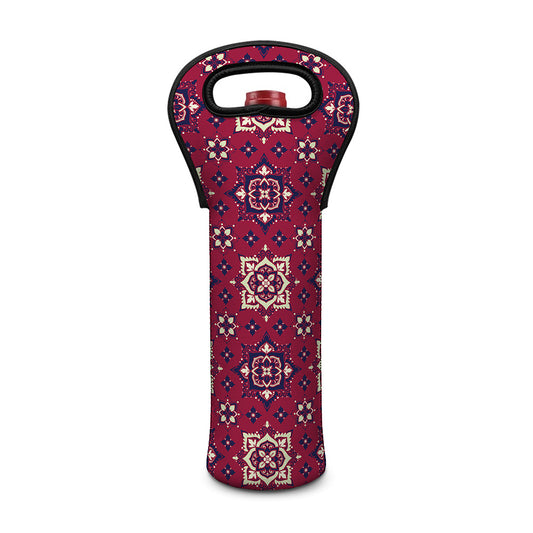 Red Boho Flower Pattern Print Single Neoprene Wine Tote