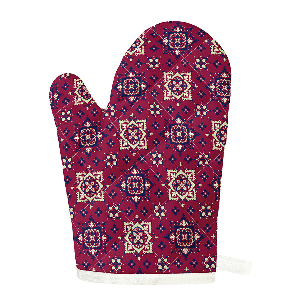 Red Boho Flower Pattern Print Single Oven Mitt