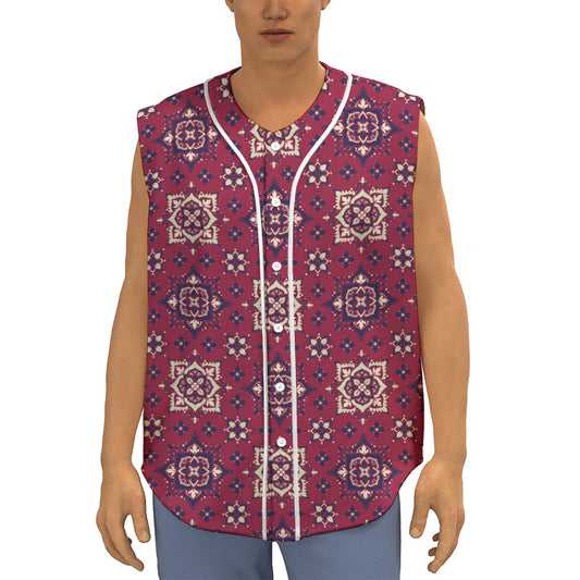 Red Boho Flower Pattern Print Sleeveless Baseball Jersey