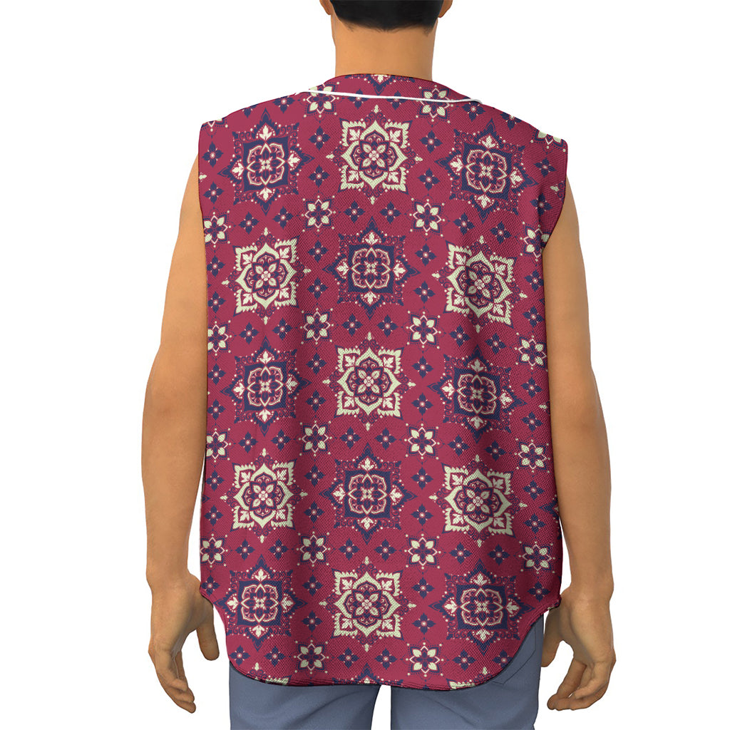 Red Boho Flower Pattern Print Sleeveless Baseball Jersey
