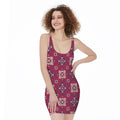 Red Boho Flower Pattern Print Sleeveless Bodycon Dress