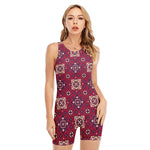 Red Boho Flower Pattern Print Sleeveless One Piece Swimsuit