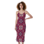 Red Boho Flower Pattern Print Slim Fit Midi Cami Dress