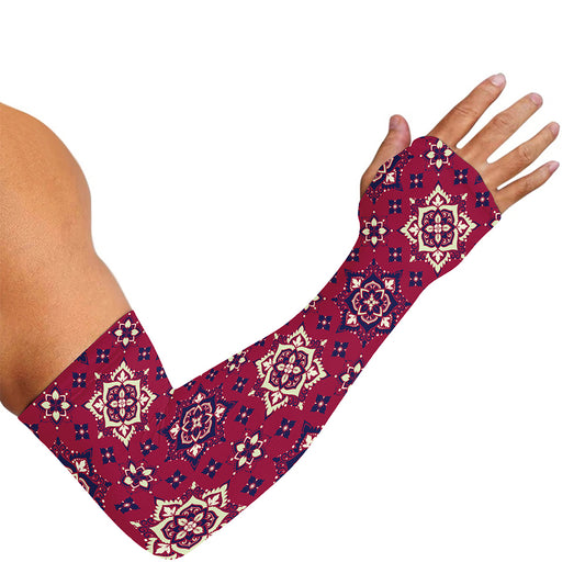 Red Boho Flower Pattern Print Sun Protection Arm Sleeves