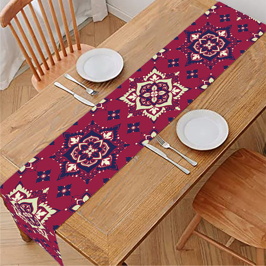Red Boho Flower Pattern Print Table Runner