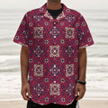 Red Boho Flower Pattern Print Textured Short Sleeve Shirt