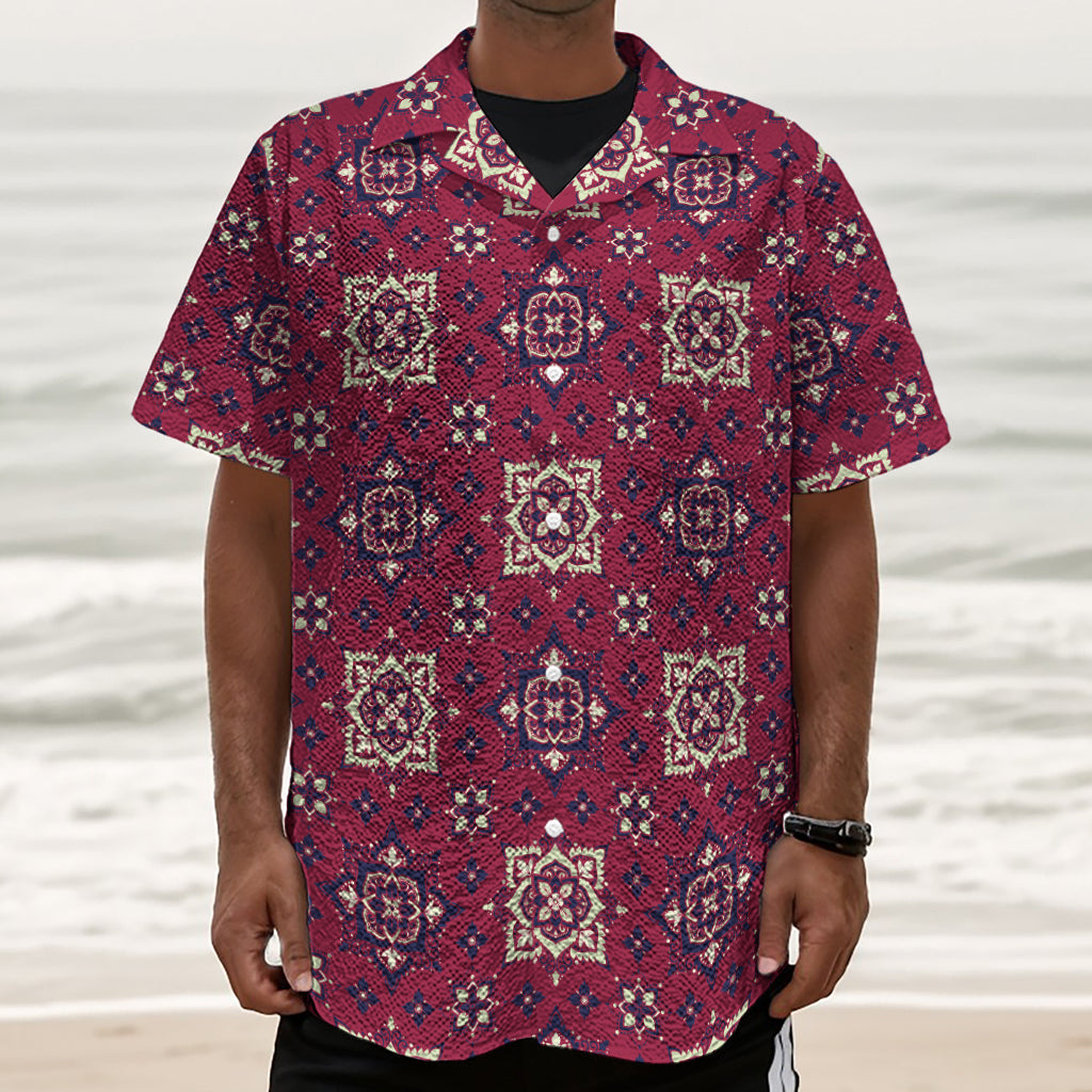 Red Boho Flower Pattern Print Textured Short Sleeve Shirt