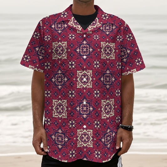 Red Boho Flower Pattern Print Textured Short Sleeve Shirt