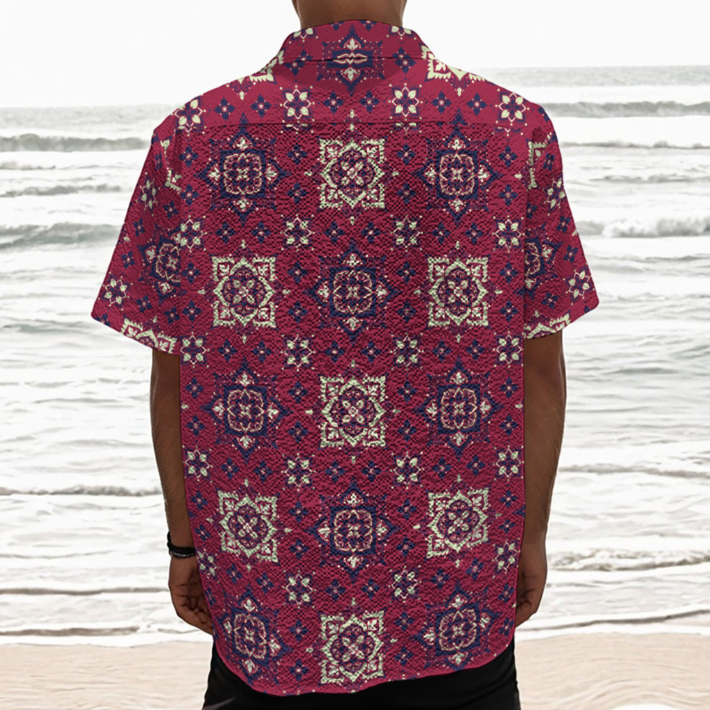 Red Boho Flower Pattern Print Textured Short Sleeve Shirt