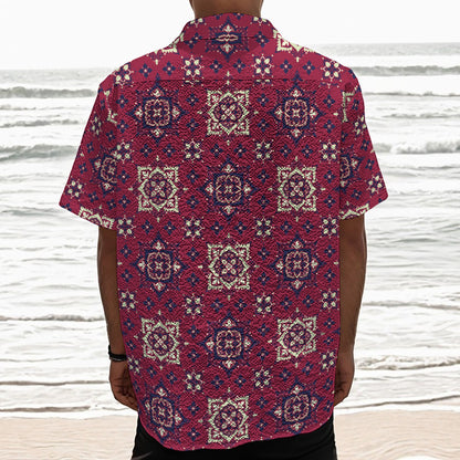 Red Boho Flower Pattern Print Textured Short Sleeve Shirt