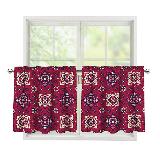 Red Boho Flower Pattern Print Tier Curtains