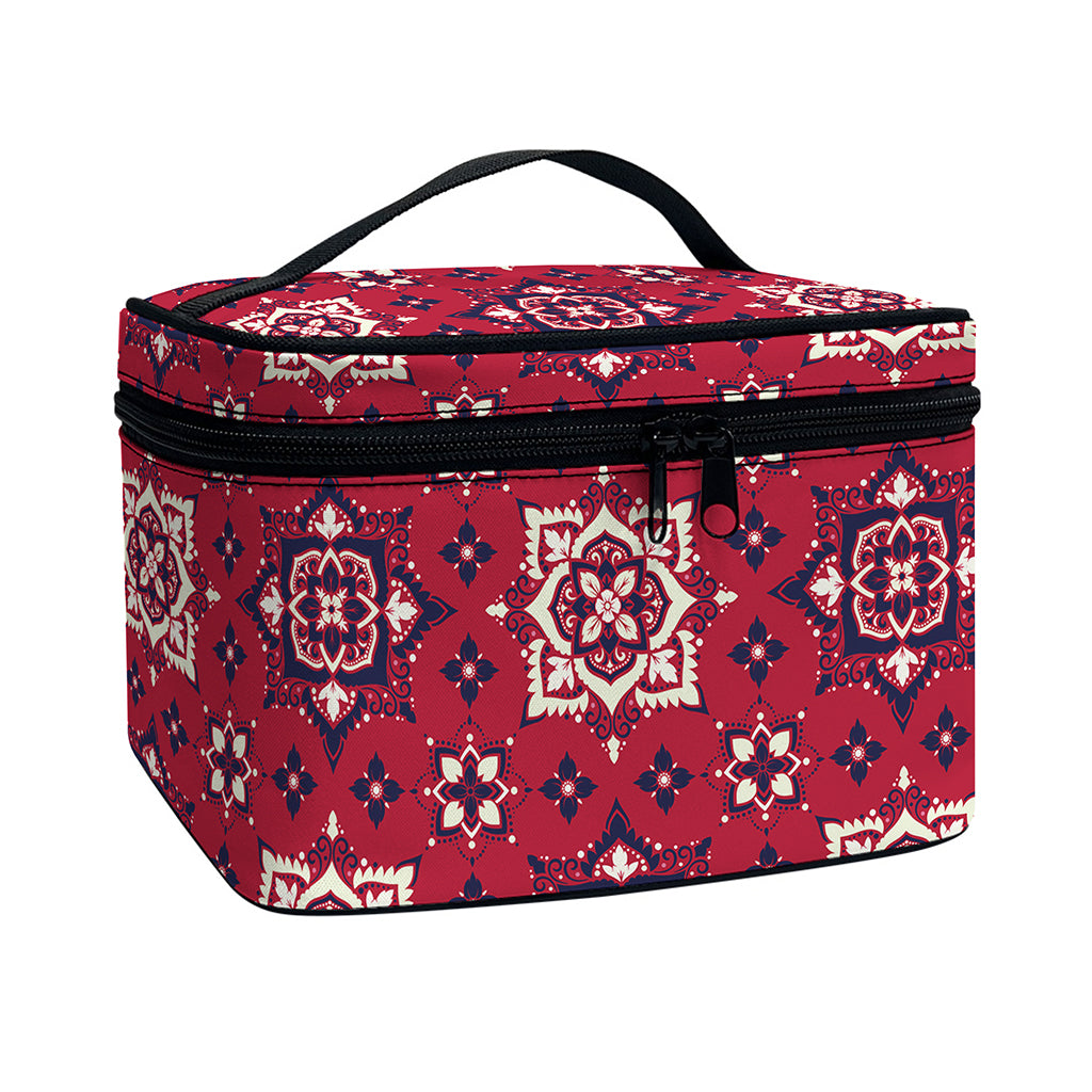 Red Boho Flower Pattern Print Travel Makeup Bag